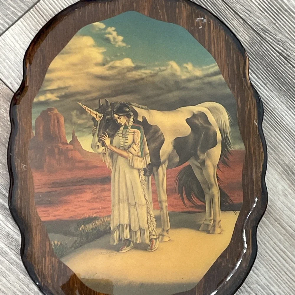 VINTAGE MYTHICAL UNICORN - LACQUERED WOOD ART WALL HANGING PLAQUE
